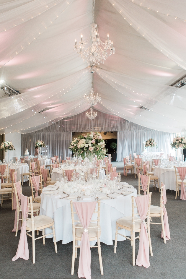 Marquee wedding at Braxted Park with pink decor