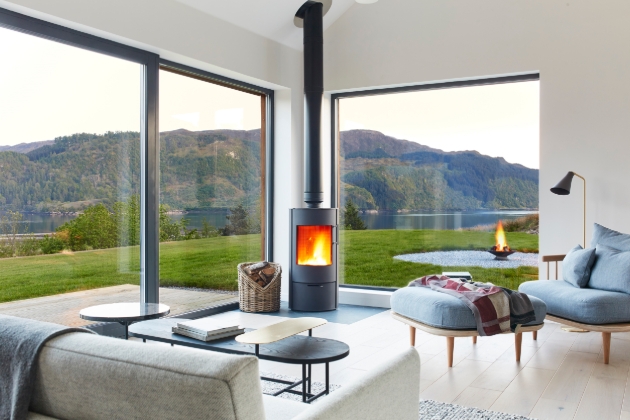 Scottish house, with large panoramic windows looking out on to highlands and lake