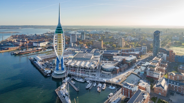 Emirates Spinnaker Tower, quayside aerial view of twon