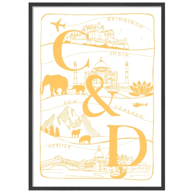 initials and quotes and handdrawn images gold font on white background