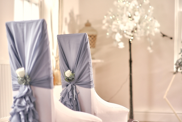 ceremony chairs with dusky blue chair hoods