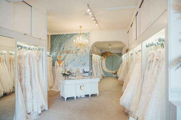 interior of boutique all white with blue touches