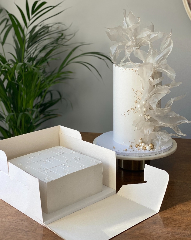 one-tier white cake, with box of pre-cut cake slices in white too