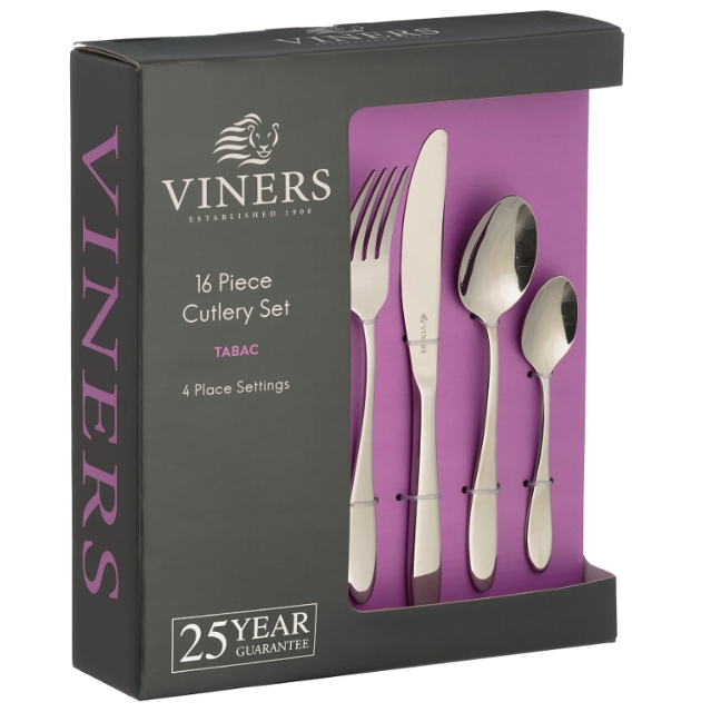 boxed silver cutlery set with a purple backing