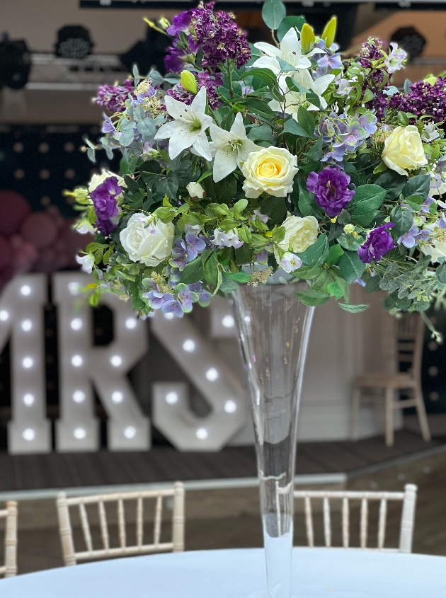 floral display in martini glass
