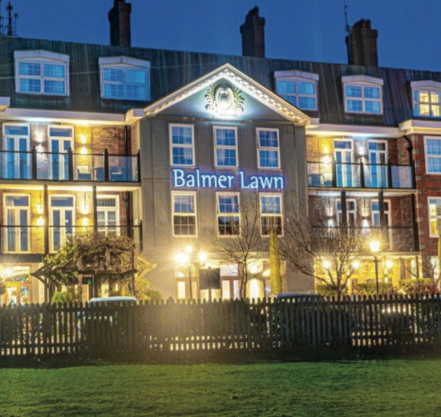 Balmer Lawn Hotel exterior at night