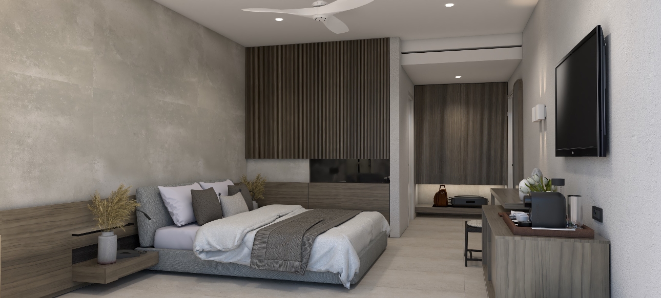 large room modern finishings, grey colour palette