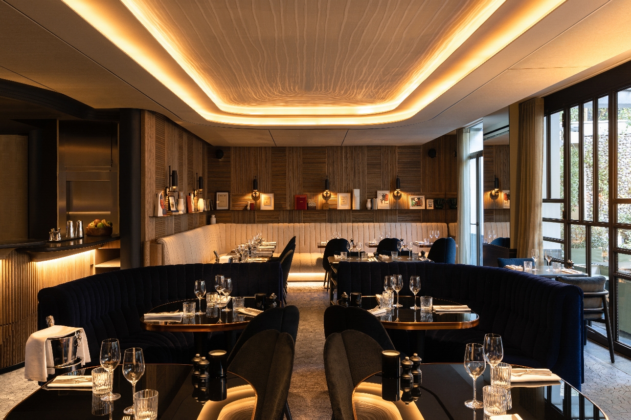 restaurant, modern luxe vibe, wooden panelling with velvet chairs