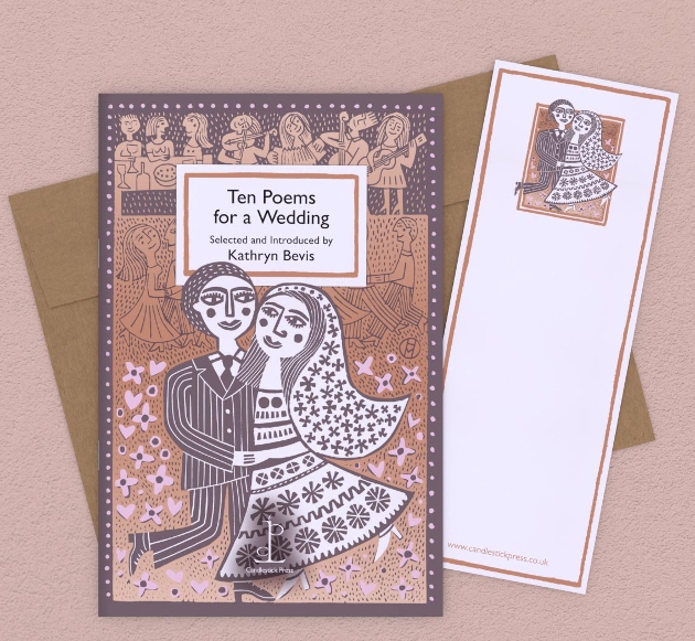 pamphlet with quirky wedding drawing on it, with envelope and bookmark