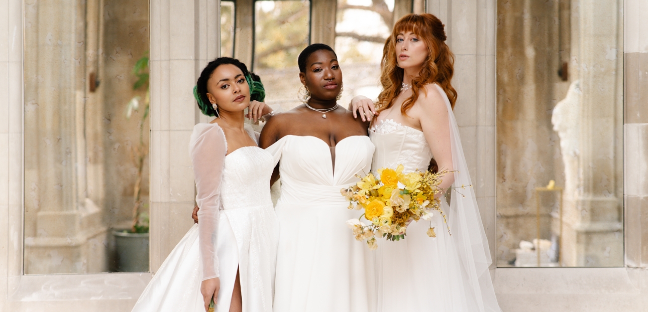three models in wedding dresses