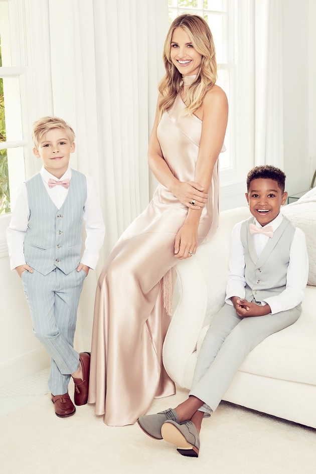 vogue in silk dress, with pageboys in suits