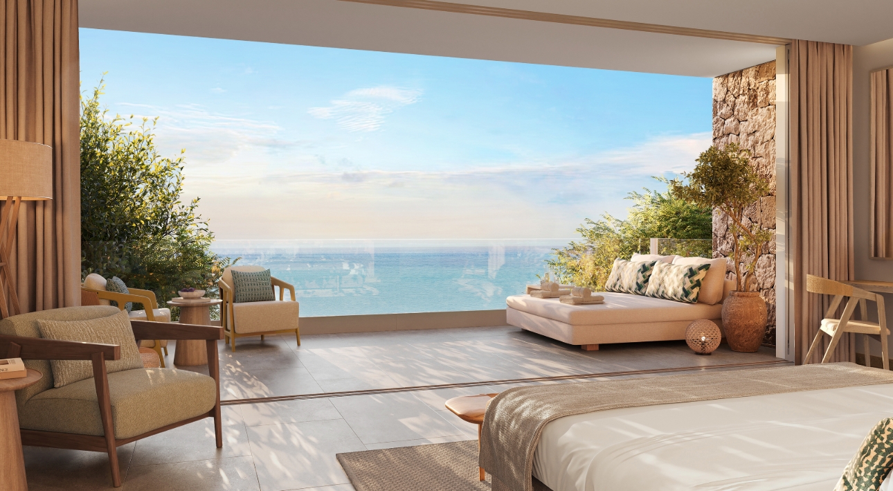 inside shot of bedroom with open balcony and day bed