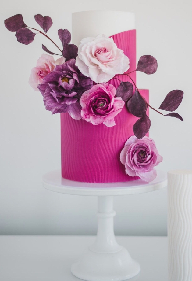 Textured fondant created using Prop Options rolling pin for wedding cake decoration