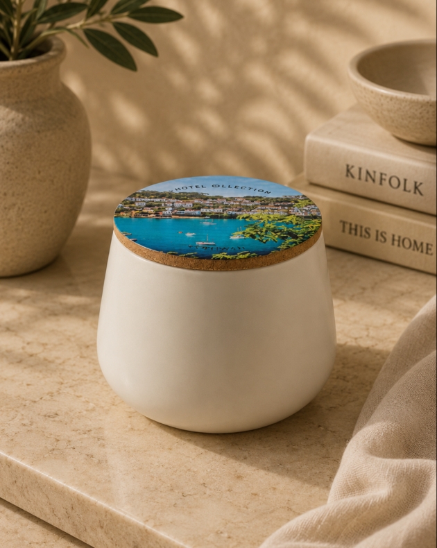 cermaic jar with fork lid with scene of coast