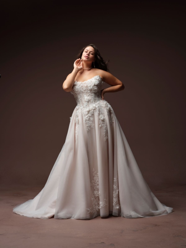 Blooming 3-D floral beaded lace cat eye neckline bridal gown