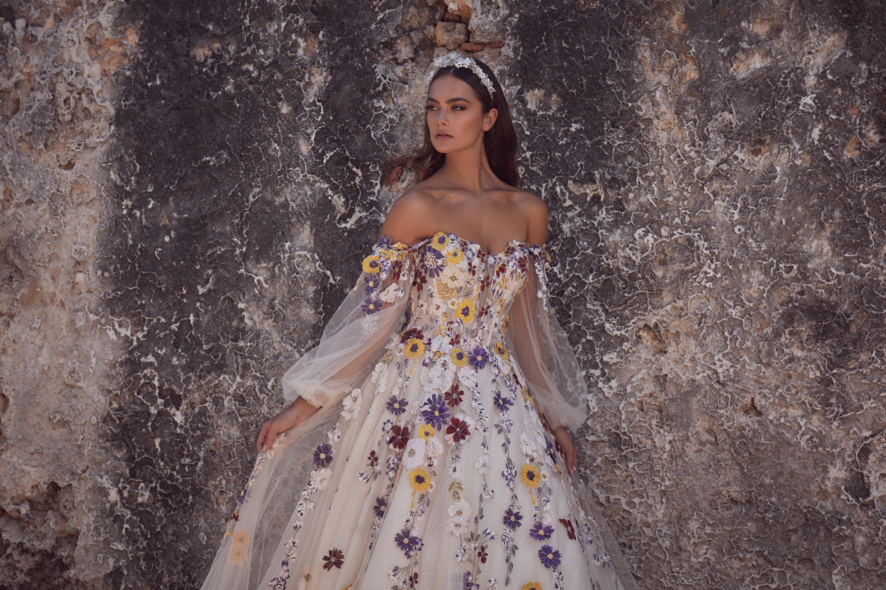 Colorful Wedding Dress with Flowers and Ball Gown Silhouette