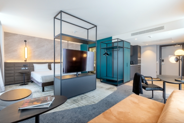 modern hotel room with sofa